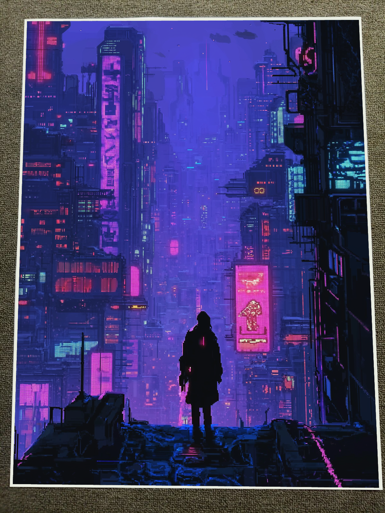 Cyberpunk Cityscape with Neon Lights and Silhouette Poster 18x24in