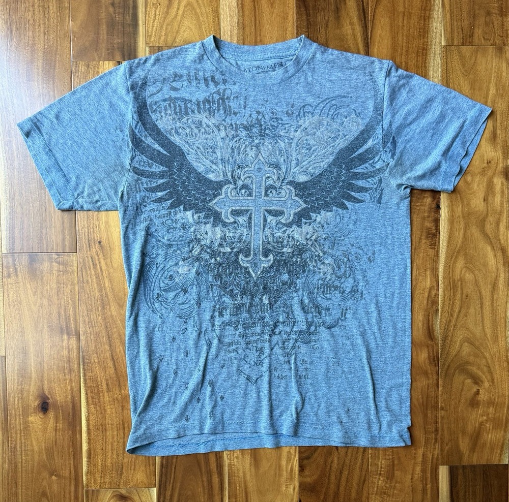Atonement Gray Gothic Cross Wings Graphic Tee Shirt M Y2K Affliction Style