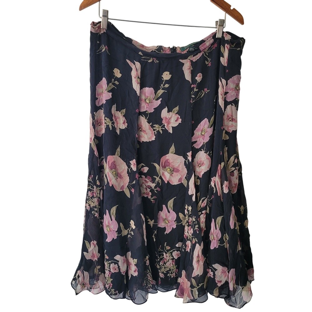 Lauren Ralph Lauren Size 16W 100% Silk Black Floral Ruffle Hem Maxi Skirt