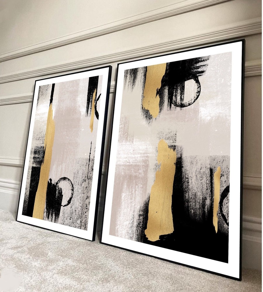 Abstract Art Prints Black Gold Beige Natural décor Texture Brush Strokes set 2-image