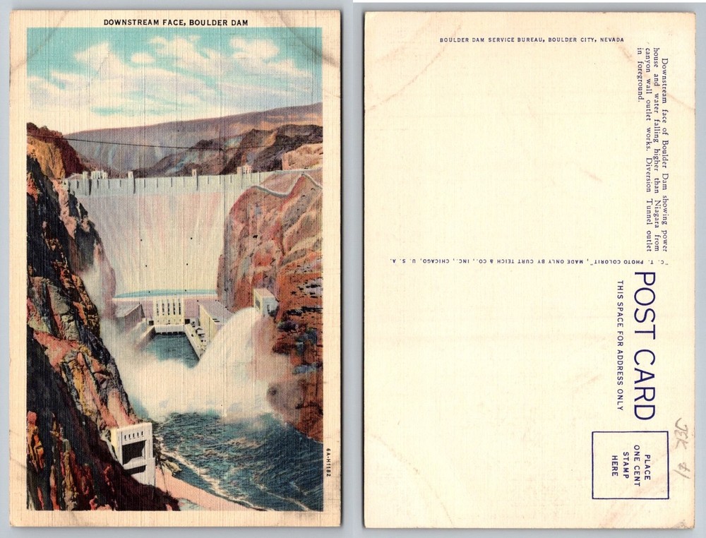 Vintage Boulder Dam Downstream Face Linen Postcard Nevada 1936 Curt Teich