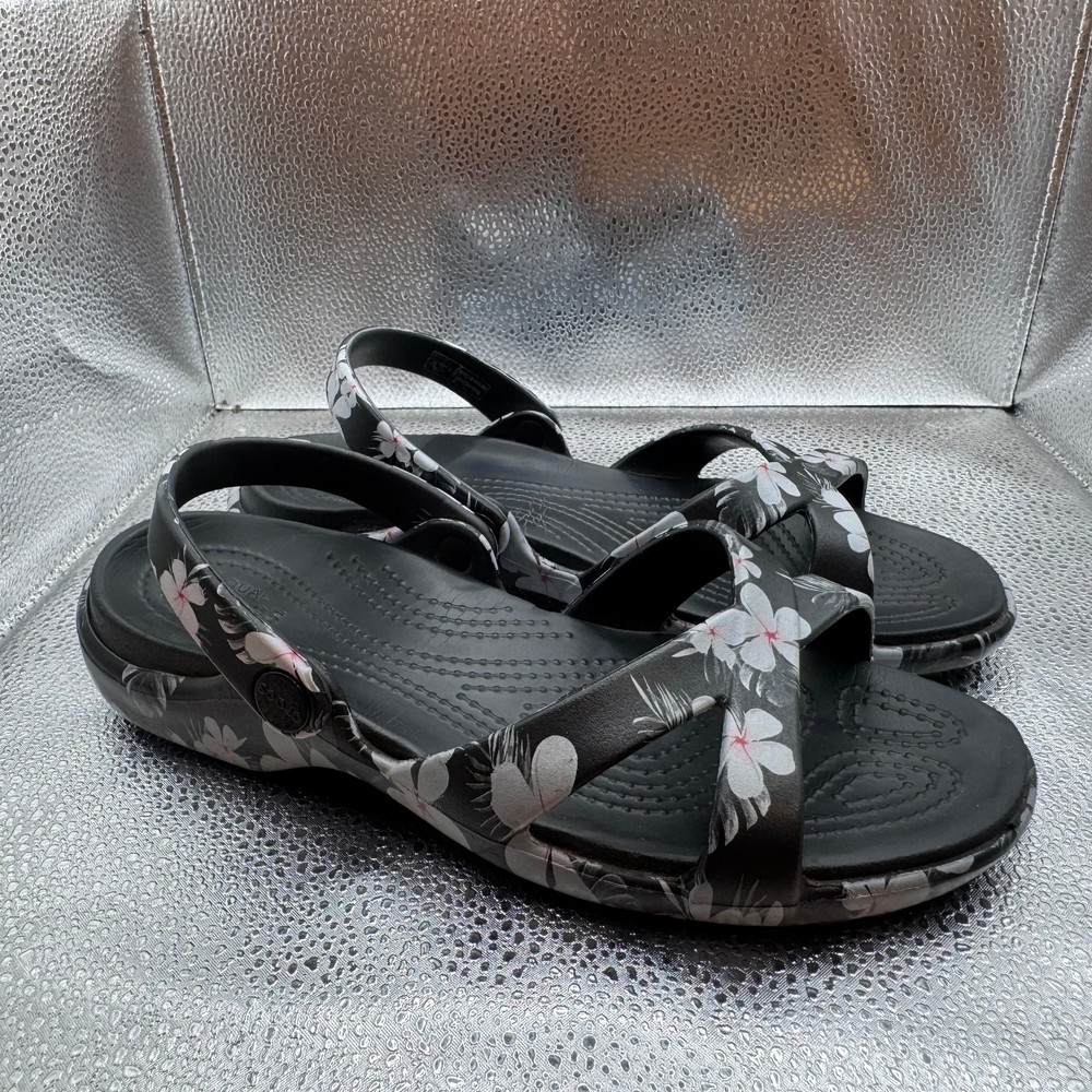 Size 8 - Crocs Meleen Womens Black Crossband Floral Graphic Slide Sandal Shoes
