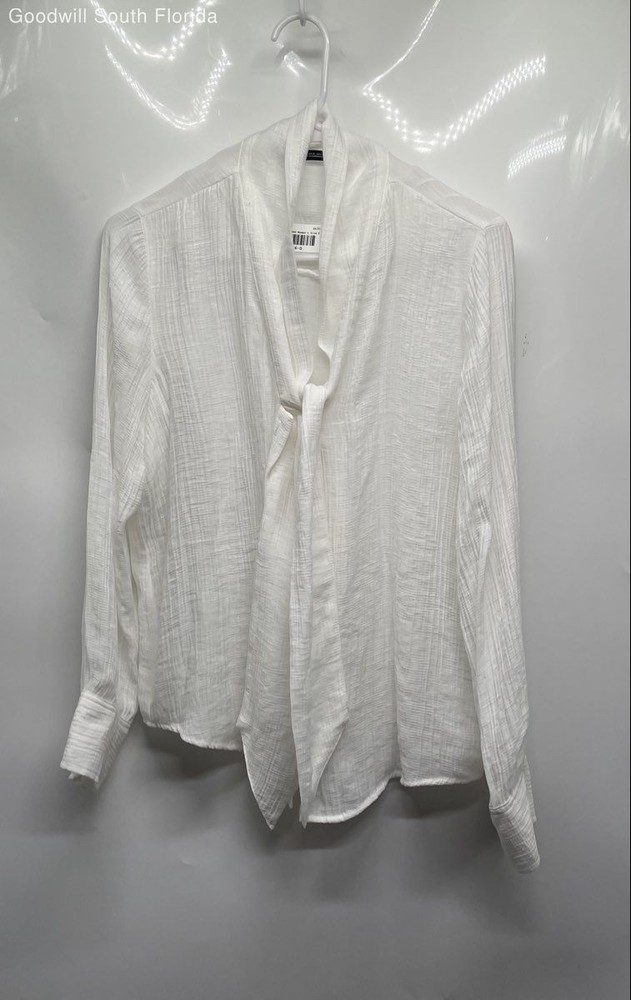 Zara Womens White Tie Neck Long Sleeve Button Front Blouse Top Size Small