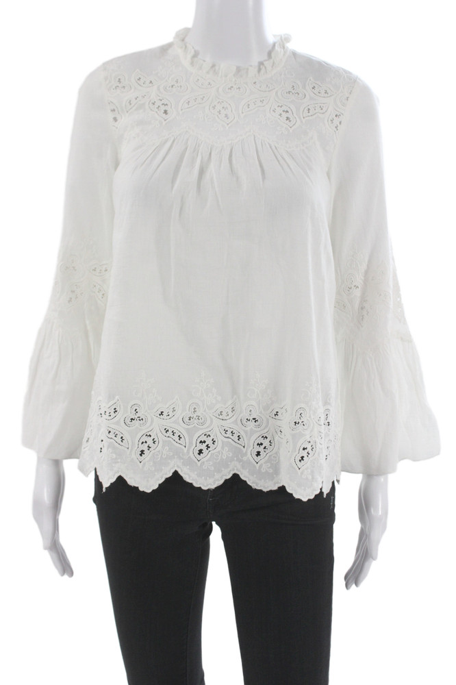 Ulla Johnson Womens White Cotton Blend High Neck Long Sleeve Blouse Zip Size 0Free Shipping in US $100+ Orders | $6.95 Orders Below