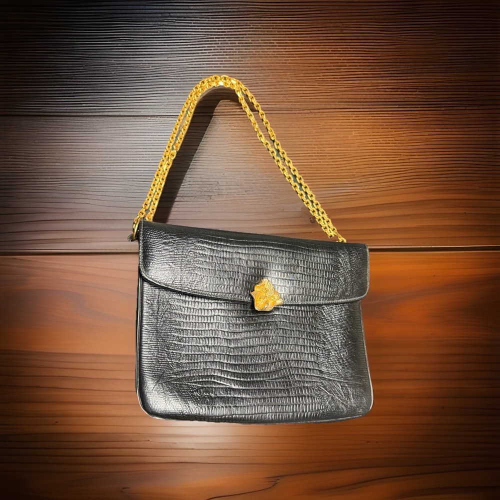 Vtg 1960s Bags By Supreme Lizard Skin Handbag Black & Gold Flower Accent Clasp