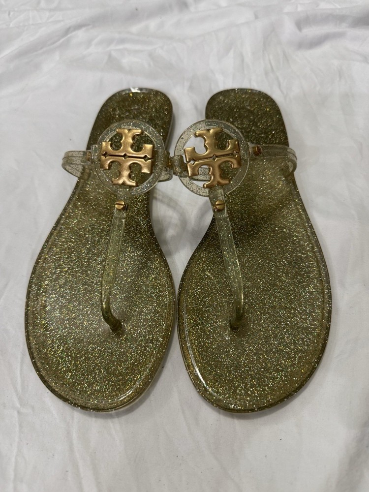 Tory Burch Women's Flip Flop Sandals Green Print Soles with Gold Logo, Size 9