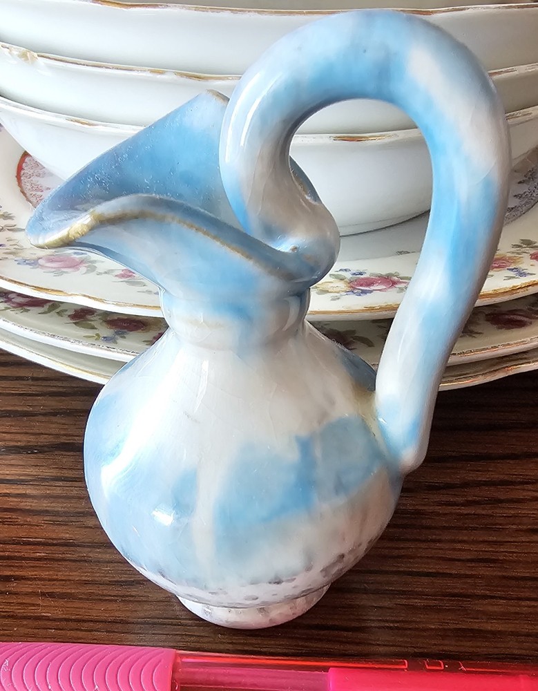Vintage Miniature Italian Pottery Hand Made Pitcher 4” Blue Drip Speckled Glaze