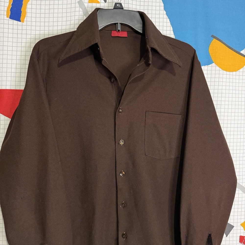 Vintage 70s Brown Dagger Collar Shirt Mens Medium Disco Retro Hippie Button Up