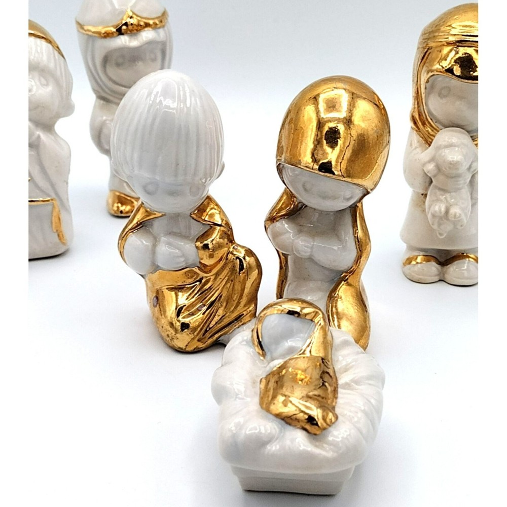 Nativity Set Porcelain Gold Accent 7 Piece Christmas Holiday Bisque Vintage-image