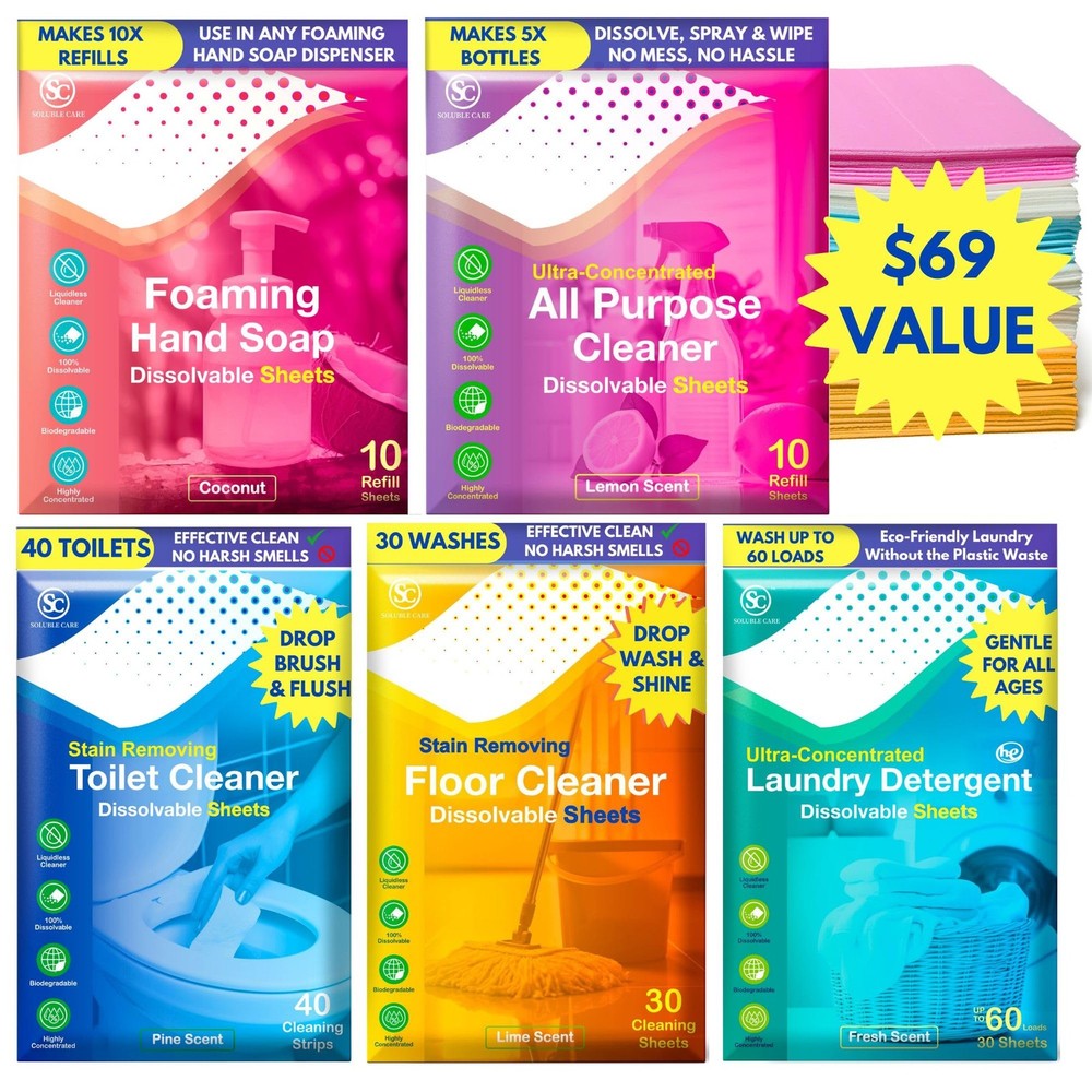 Whole House Cleaning Sheet 5-Pack Bundle with Toilet and Laundry Cleaner Sheets  