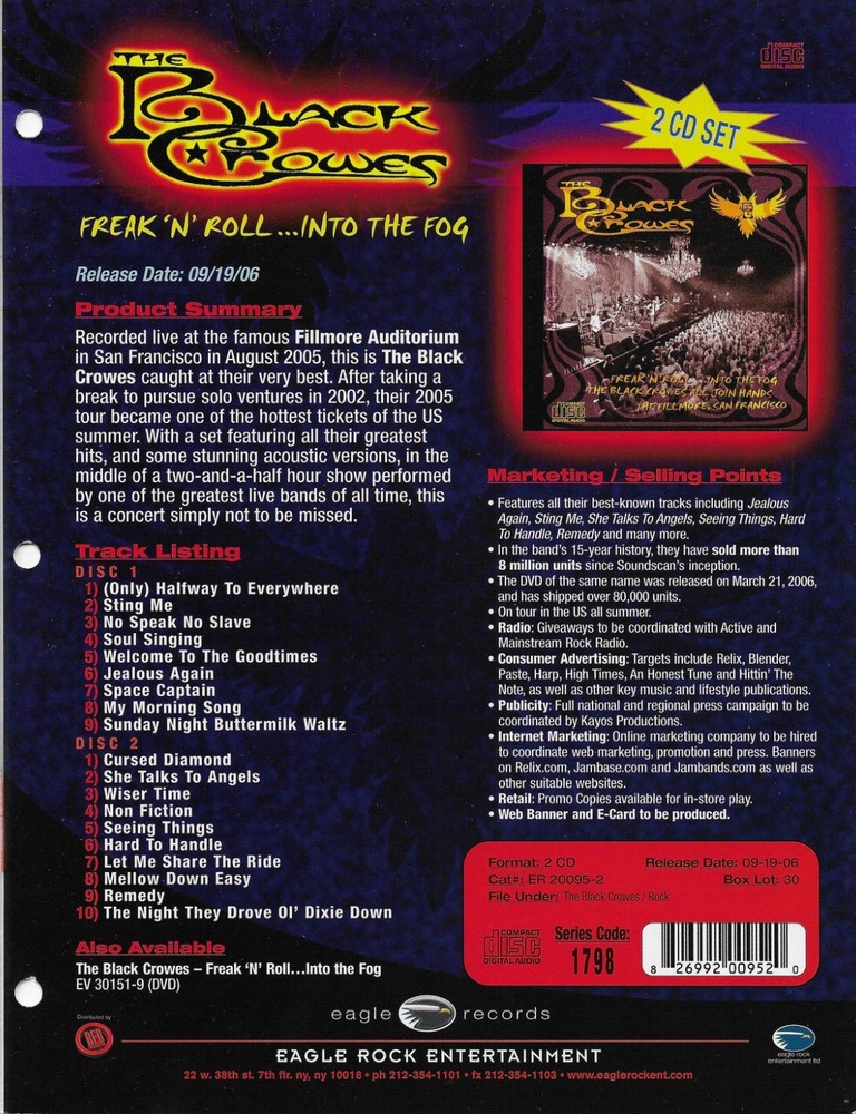BLACK CROWES & ZUTONS Rare DOUBLE SIDED PROMO TRADE AD Poster for 2006 8.5x11