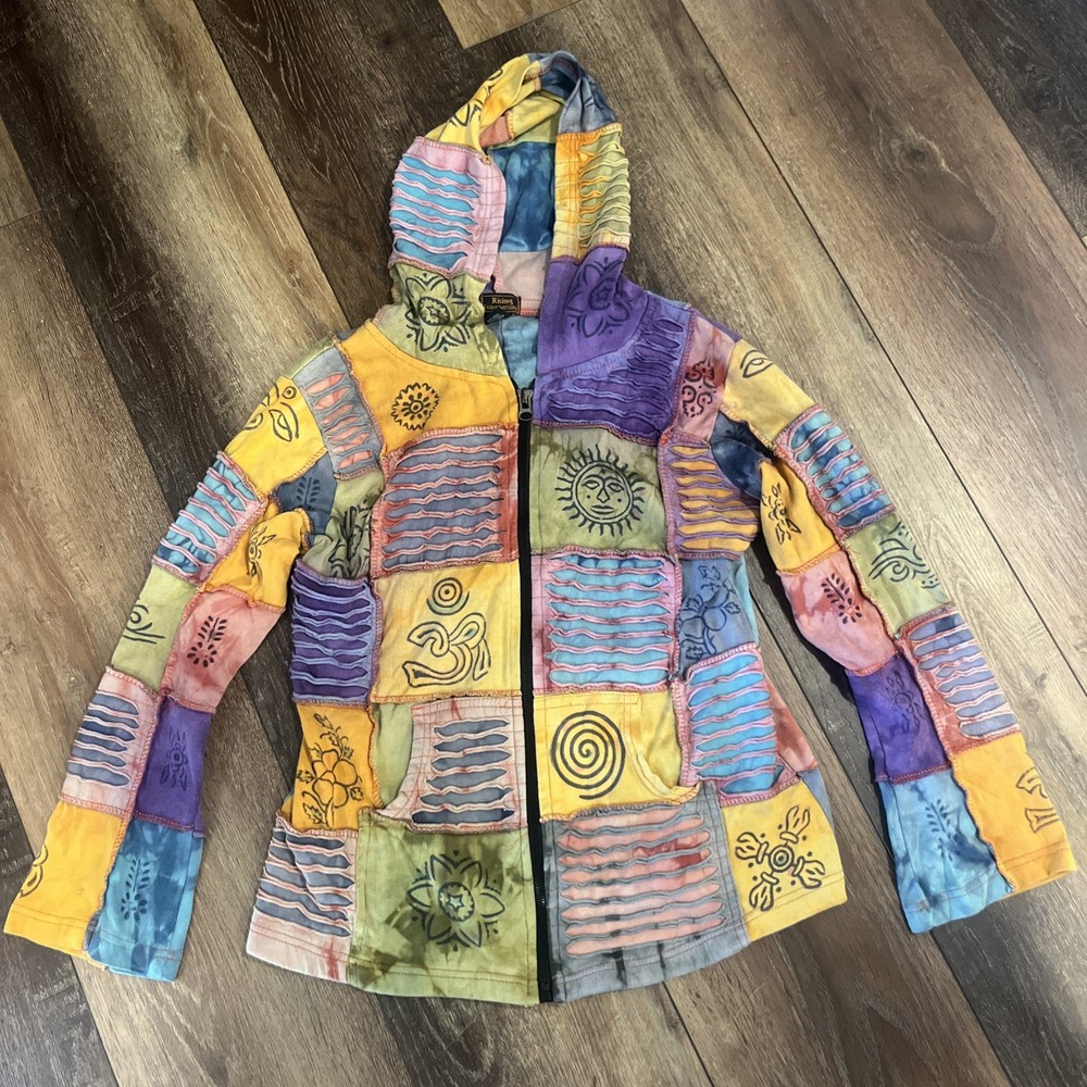 Rising International Hoodie Jacket Women Size Large 3D Boho Patchwork