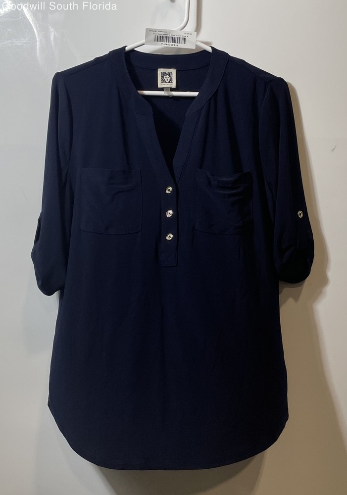 Anne Klein Womens Blue Split V-Neck 3/4 Sleeve Chest Pocket Blouse Top Size M