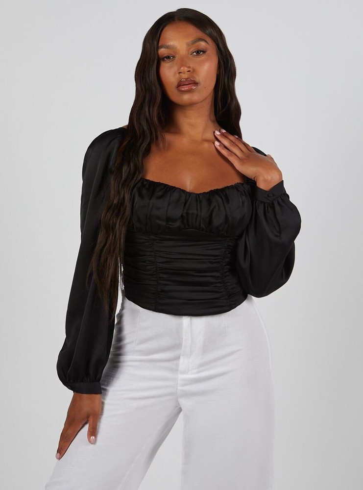 Boux Avenue Corset Top Women's Ruched Long Sleeve Ladies Flattering Sexy Blouse