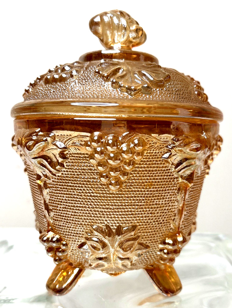 Vintage Jeanette Glass Marigold Footed Candy Dish W/ Lid, Harvest Grape 6” Tall