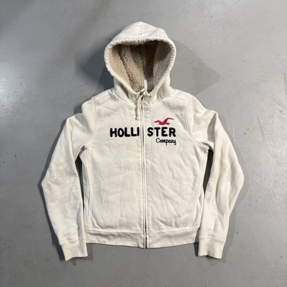 Hollister Sherpa Lined Full Zip Hoodie Women’s Large Embroidered Logo White