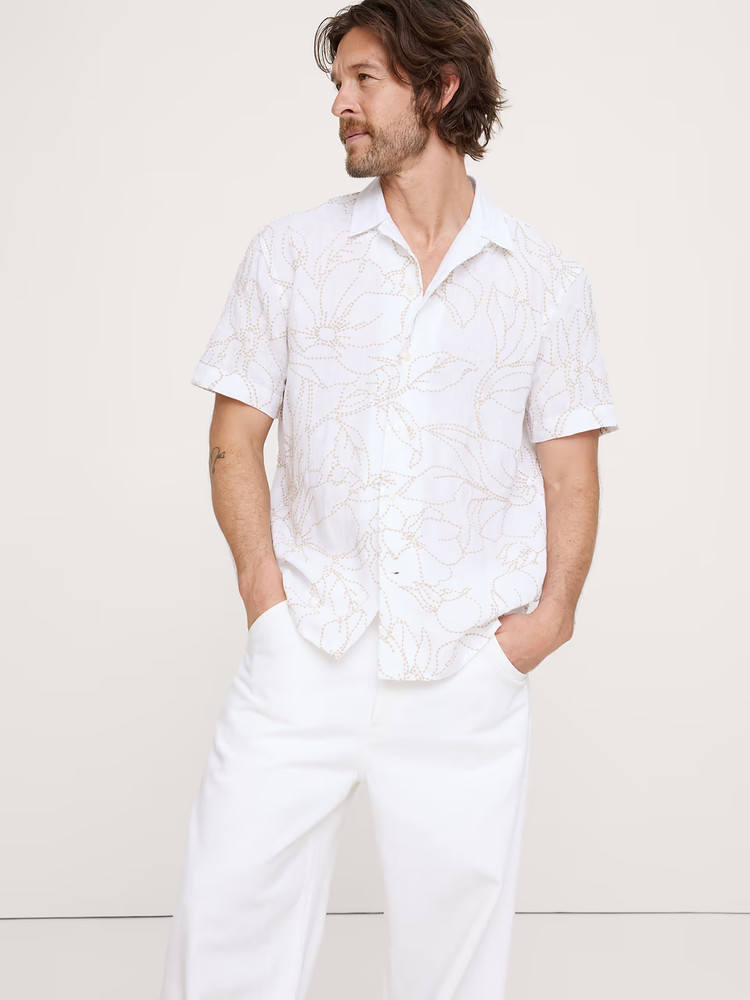 Banana Republic Standard Fit Embroidered Linen Resort Shirt  M Medium White NEW