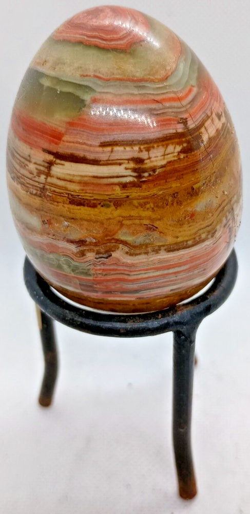 Vintage Polished Granite Marble Stone Egg on Tall Brass Stand