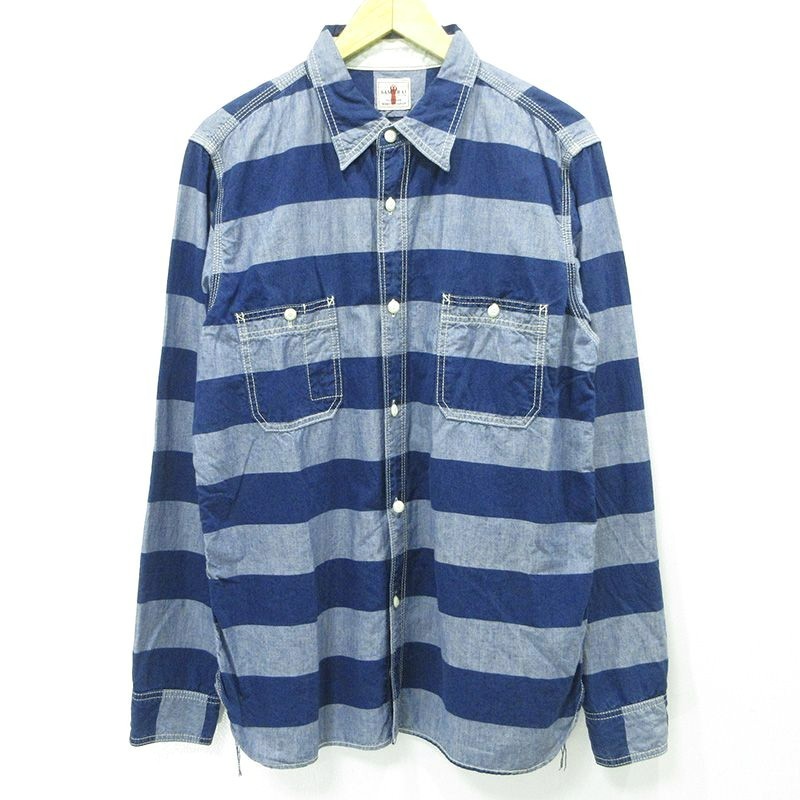 SAMURAI JEANS Japan Made Vintage Work Shirt 100% Cotton Blue Striped Size XL