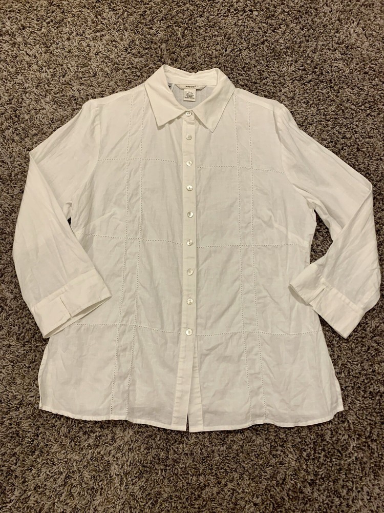 Edward Irish Linen Shirt Button Up Top 3/4 Sleeves Blouse White Womens Sz Med