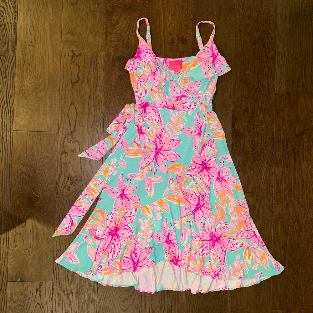 Lilly Pulitzer Fontaine Wrap Dress L Surf Blue Bonita Blooms High-Low Ruffles