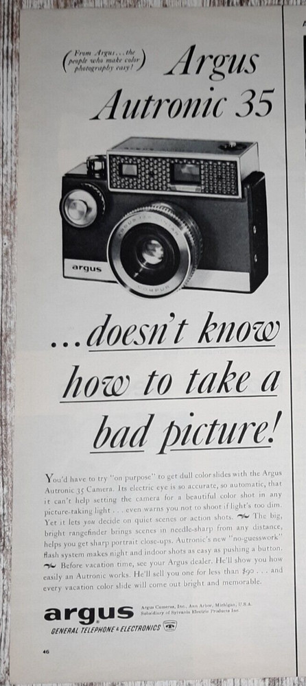 1961 Argus Vintage Print Ad Camera Autronic 35mm GTE Sylvania Ann Arbor MI