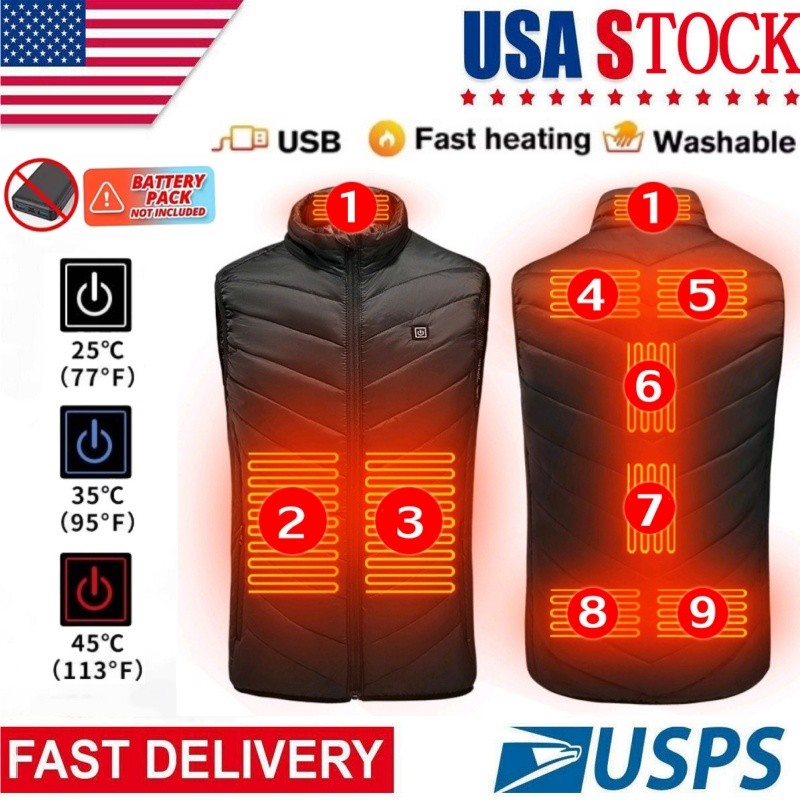 9 Zone USB Heating Vest Unisex 3 Level Intelligent Heated Jacket Winter Warmth