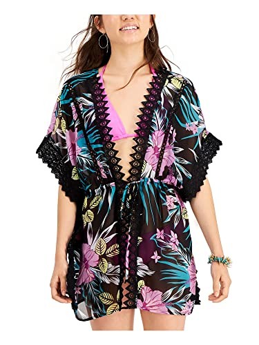 Miken NWT Juniors Lace-Inset Tie-Front Kimono Cover-up Swimsuit Tropical Size M