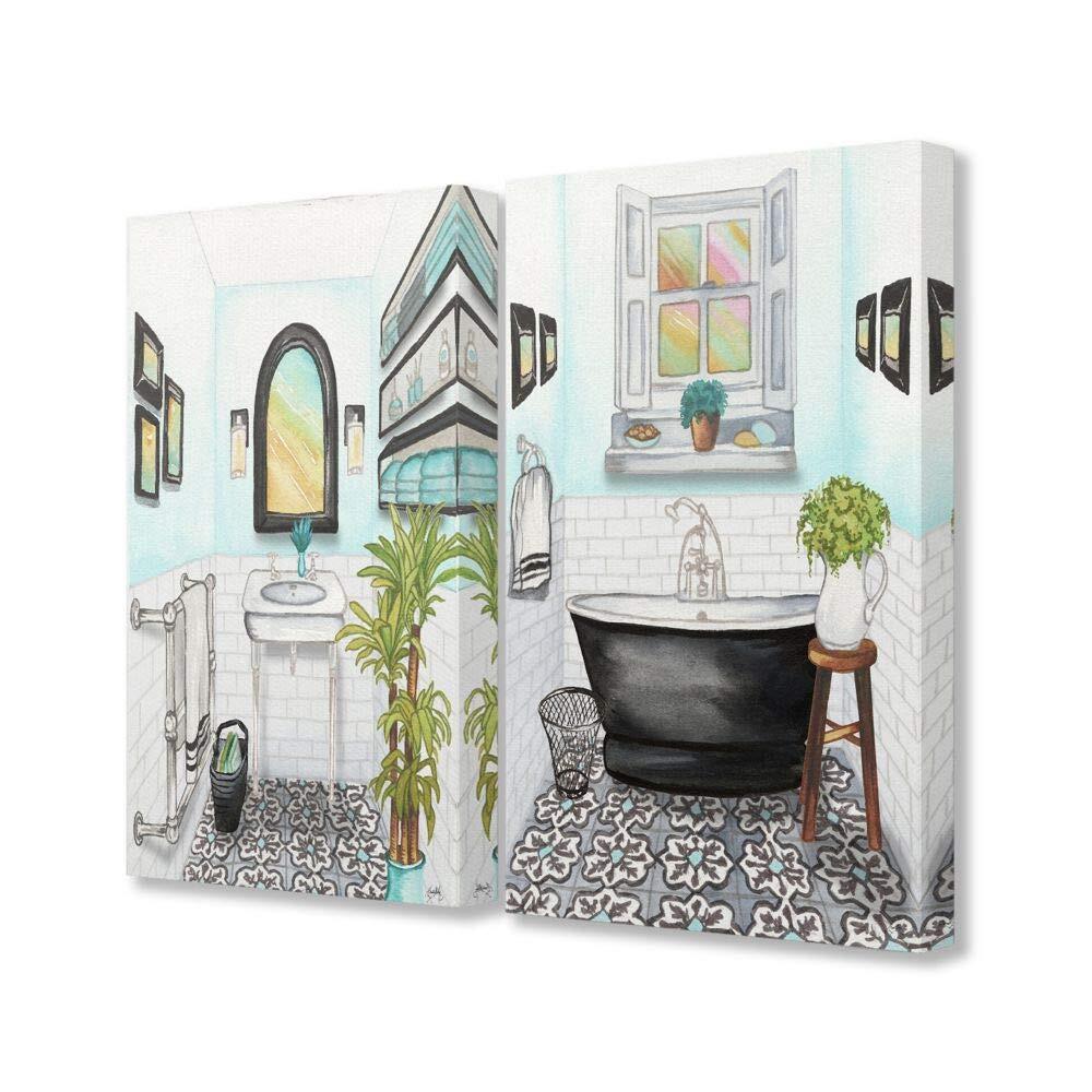 Cute Bathrooms Blue Watercolor Painting Canvas Wall Art, 2pc, Each 16 x 20, M...