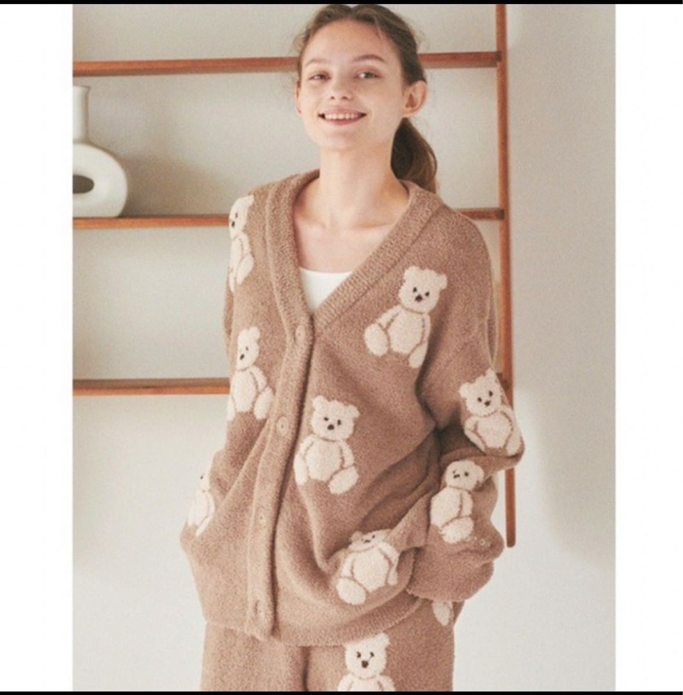Gelato Pique Jacquard Bear 3-Piece Cardigan Pullover Pants Set Brown Free New