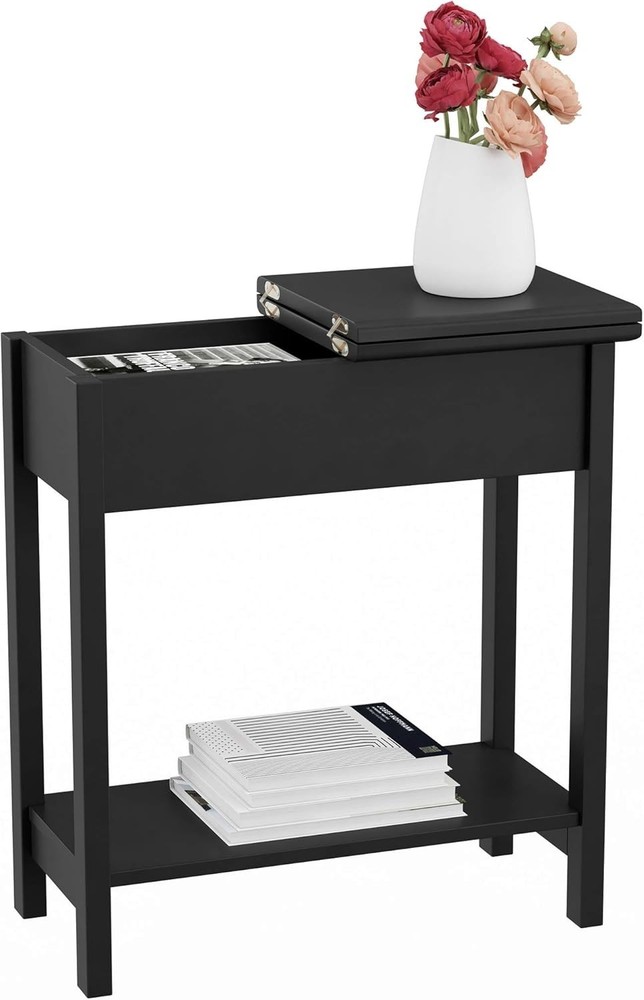 2-Tier Bed Sofa Side Table Top Flip Coffee Night Stand Slim Storage Shelf Black