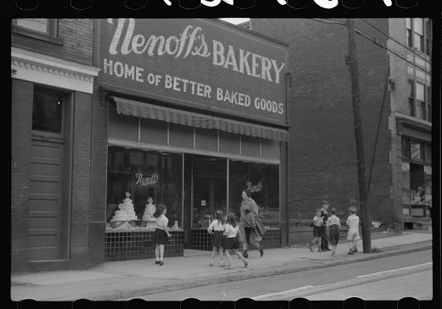 Photo:Venoffs Bakery Storefront Children Street Scene 1930s 1940s