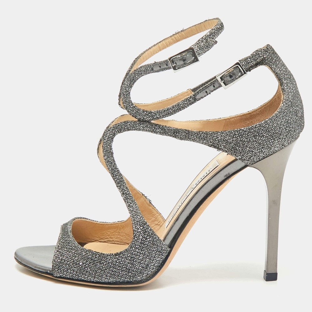 Jimmy Choo Grey Lurex Fabric Azia Ankle Strap Sandals Size 36