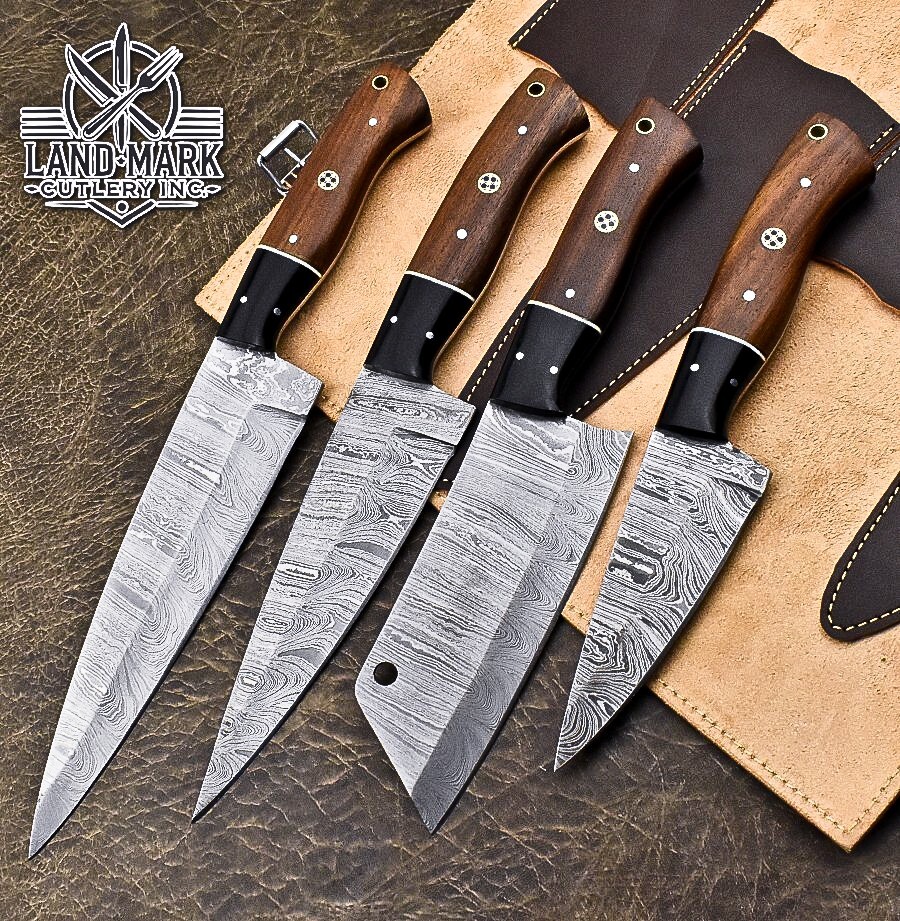 4-Piece Custom Damascus Steel Chef Knife Set with Rosewood Handles