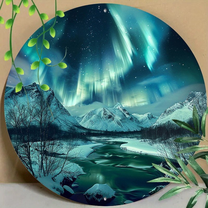 Round Northern Lights Glacier Scenery Aluminum Wall Art Winter Landscape