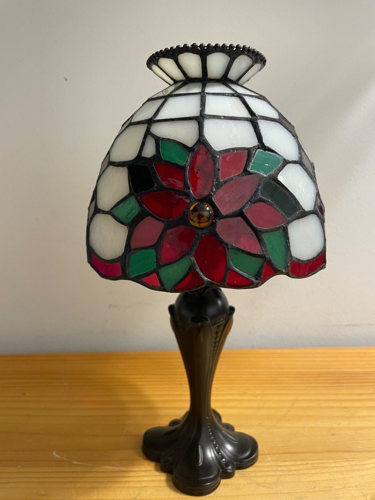 Vintage Partylite Poinsettia Tiffany Style Stained Glass Tea Light Candle Holder