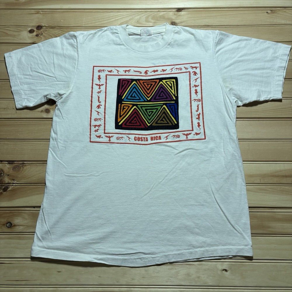 Vintage 80s 90s Costa Rica Tropical Abstract Art Puff Print Hieroglyph Shirt XL