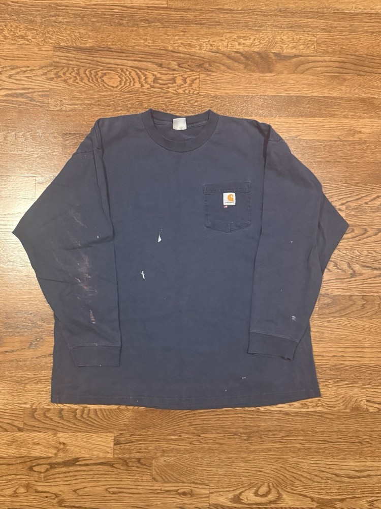 Vintage Carhartt Pocket Long Sleeve Tee Navy Distressed Workwear Shirt Faded XL