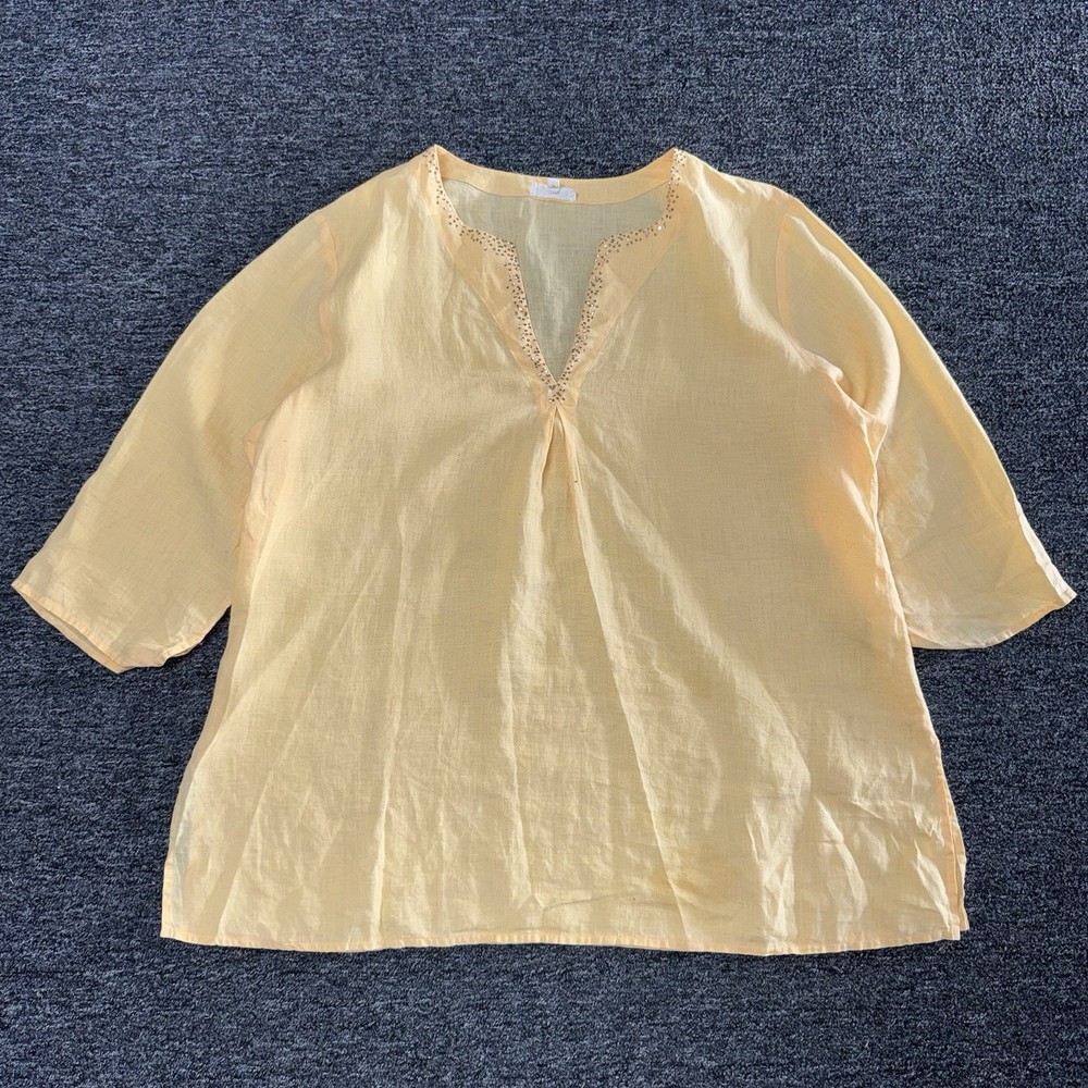 Women’s Eileen Fisher Yellow 100% V-Neck Long Sleeve Top Linen Blouse - Size XL