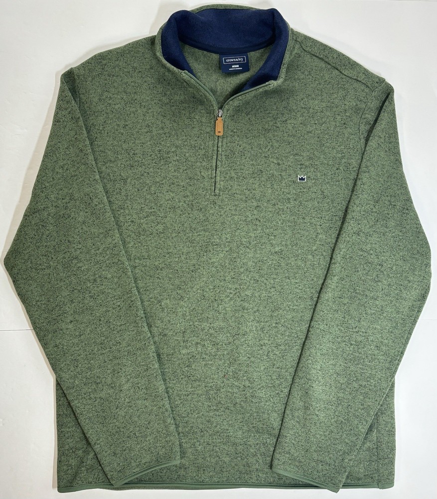 Crown & Ivy Men’s Fleece Lined Mock Neck 1/4 Zip Pullover Green Medium Sweater