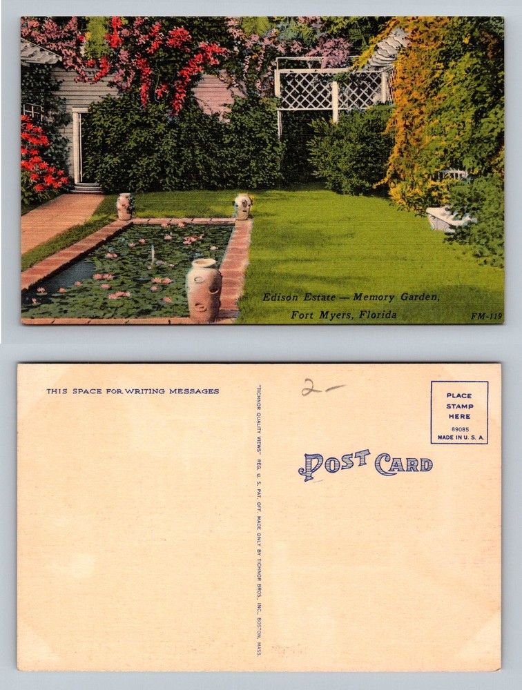 Fort Myers, FL-Florida, Edison Estate Memory Garden Lily Pool Vintage Postcard