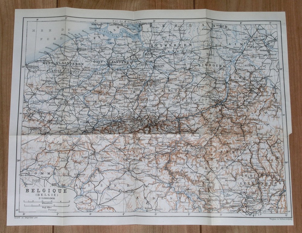 1910 Original Antique Map Of Belgium Brussels Antwerp Liege Brugge