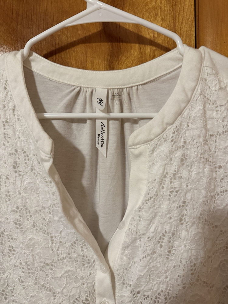 NY Collection Women's White Lace Sleeveless Button Blouse Plus 1X