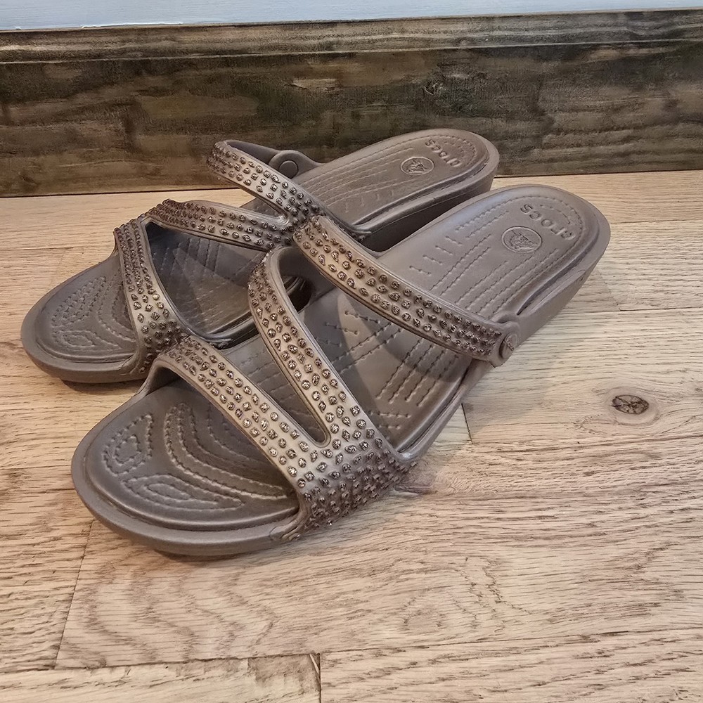 Crocs Sparkle Copper Brown Wedge Sandals Size 11 Womens Comfortable Shoes