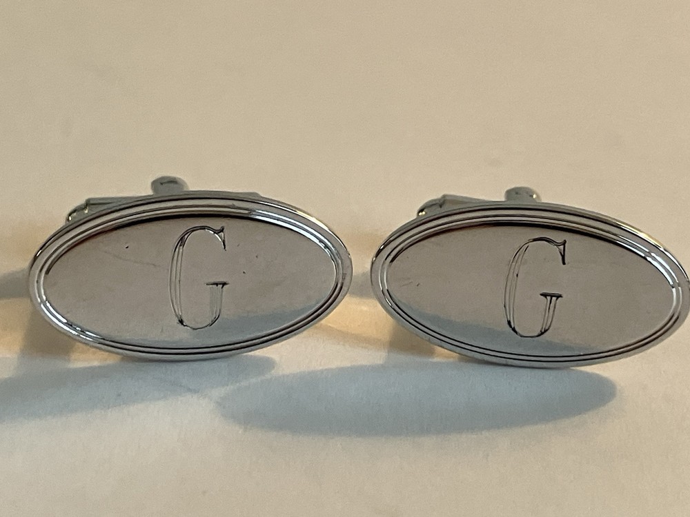 Vintage LETTER G Monogrammed Oval Cufflinks Sterling Silver Tops
