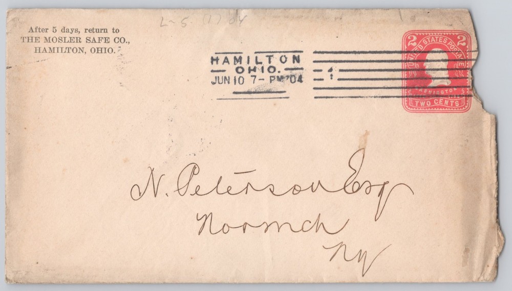 Hamilton, Ohio Mosler Safe Co. return envelope, Un 1904 Postal History