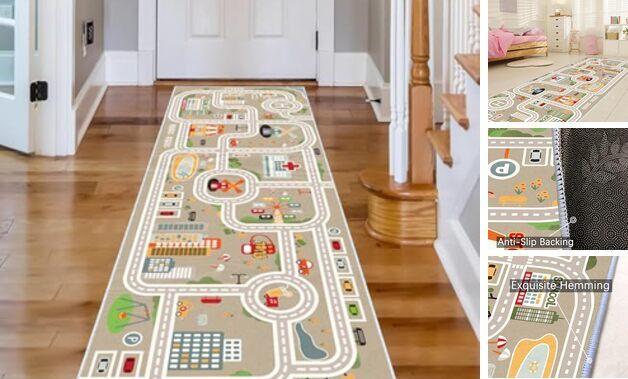 Kids Car Train Rug, 2' x 6' Boys Play Carpet, Floor Mat Playmat for Playroom