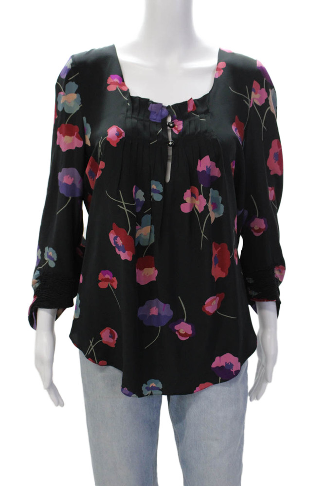Rebecca Taylor Womens Silk Floral Scoop Neck Long Sleeve Blouse Top Black Size 8Free Shipping in US $100+ Orders | $6.95 Orders Below