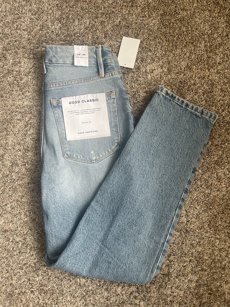 Good American Jeans sz 00 High Rise Grunge Distressed Indigo046