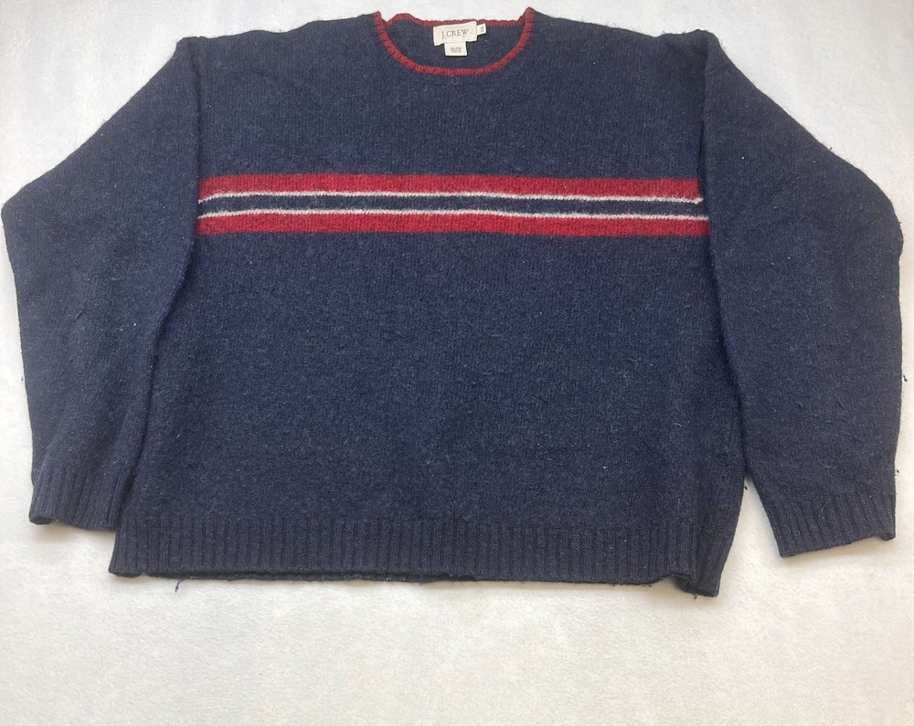 J.CREW Wool Sweater Mens 2XL Navy Red Stripe Knit Regular Long Sleeve Crew Neck